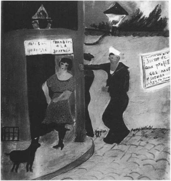 Une prostituée et un marin devant un meublé